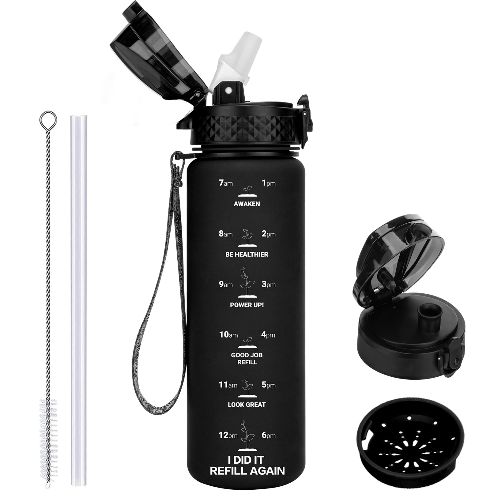 GOPPUS 500ml/17oz Kids Water Bottles with Straw Tritan Childrens Bottle with Flip Top Lid BPA Free Measured Drinks Bottle with Strap Sports Reusable Time Markings Leakproof (Black) — image 1