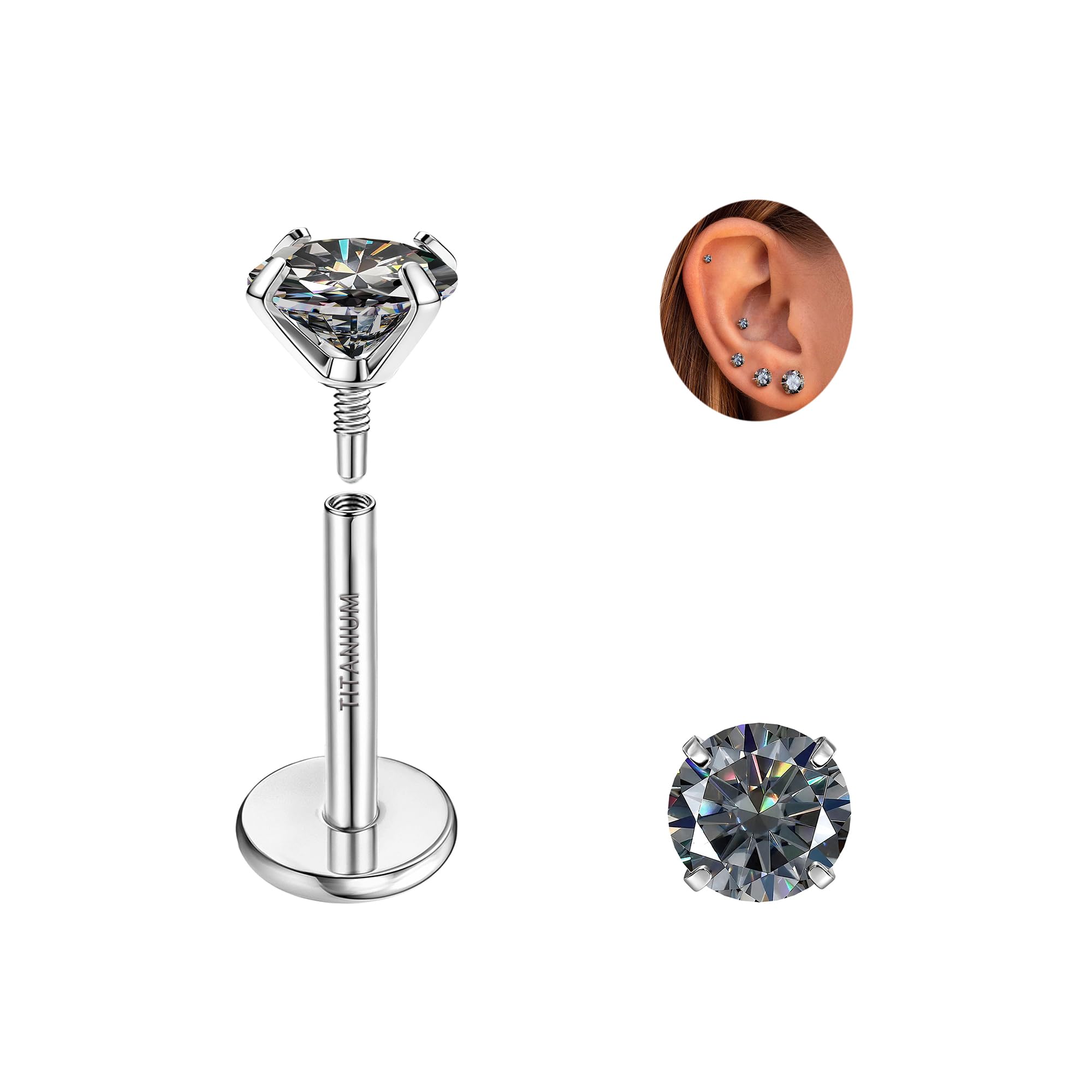Piercing oreille tragus moissanite D VVS1 dos vissé titane G23 - 7