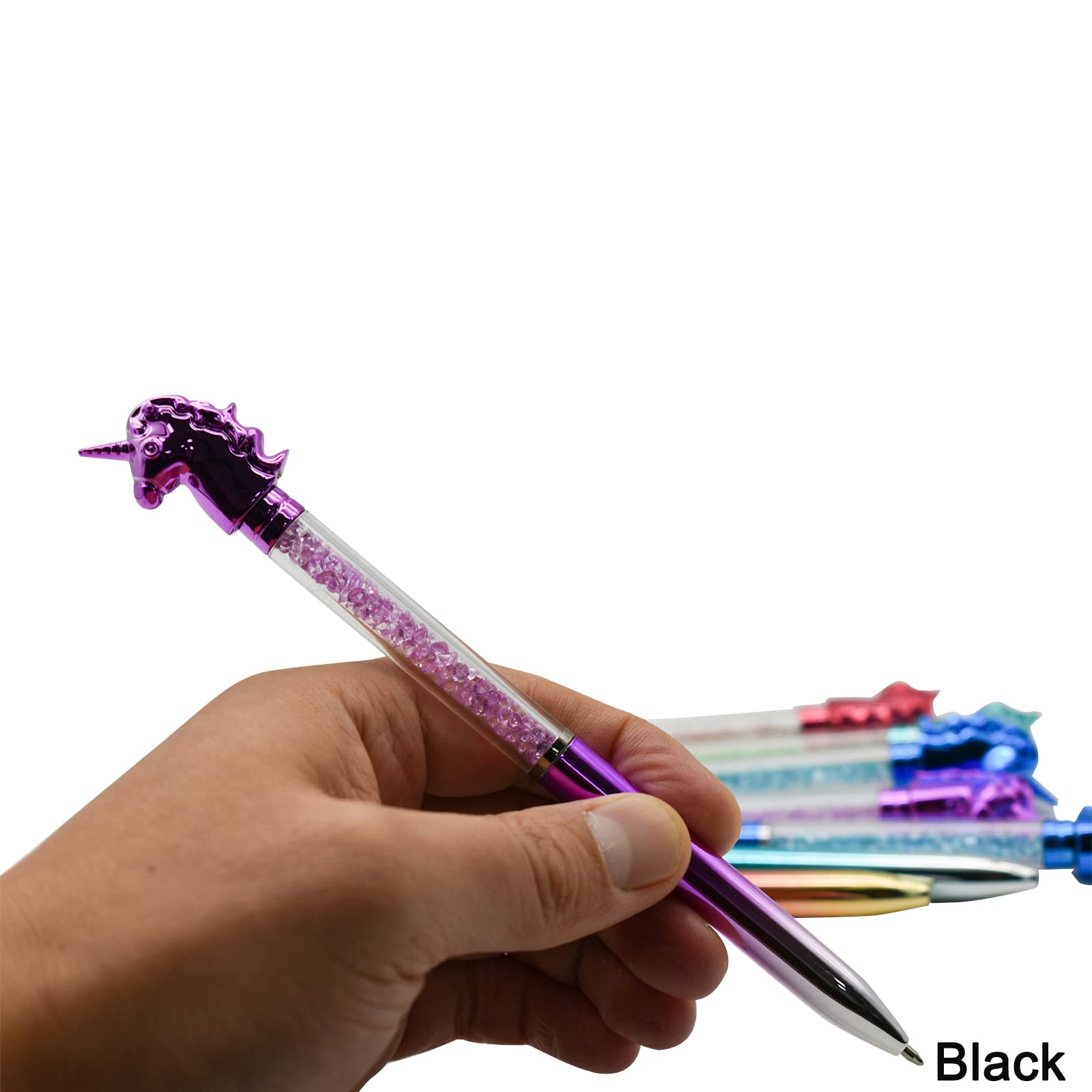 Maydahui Einziehbarer Einhorn-Kugelschreiber, bunte Kristalle, glitzernd, Treibsand-Stift, Tierstift, schwarze Tinte, für Mädchen, Schule, Büro, 12 Stück