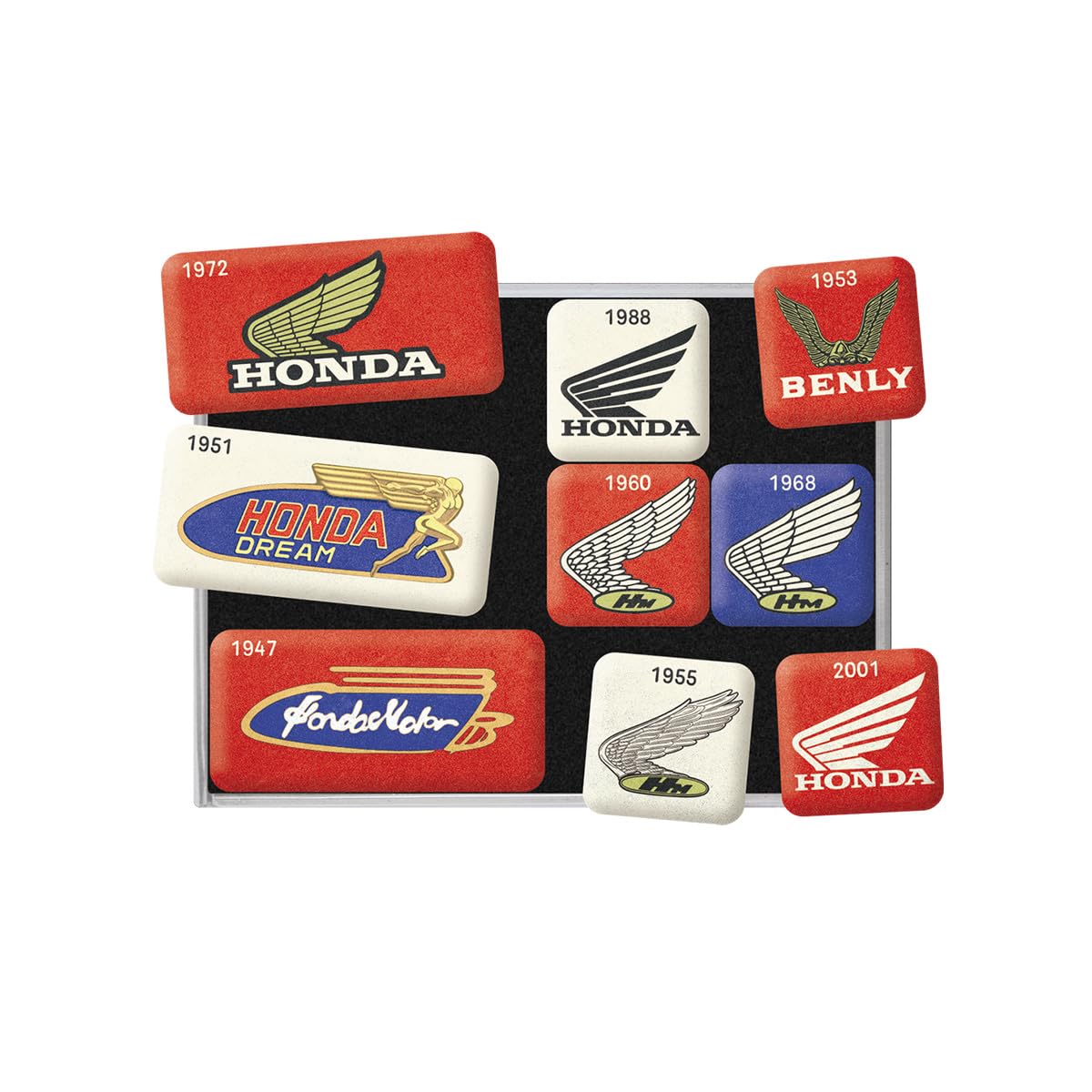 Nostalgic-Art Retro fridge magnets, 9 pieces, Honda – Logo Evolution – Gift idea for Honda fans, magnet set for notice board, vintage design