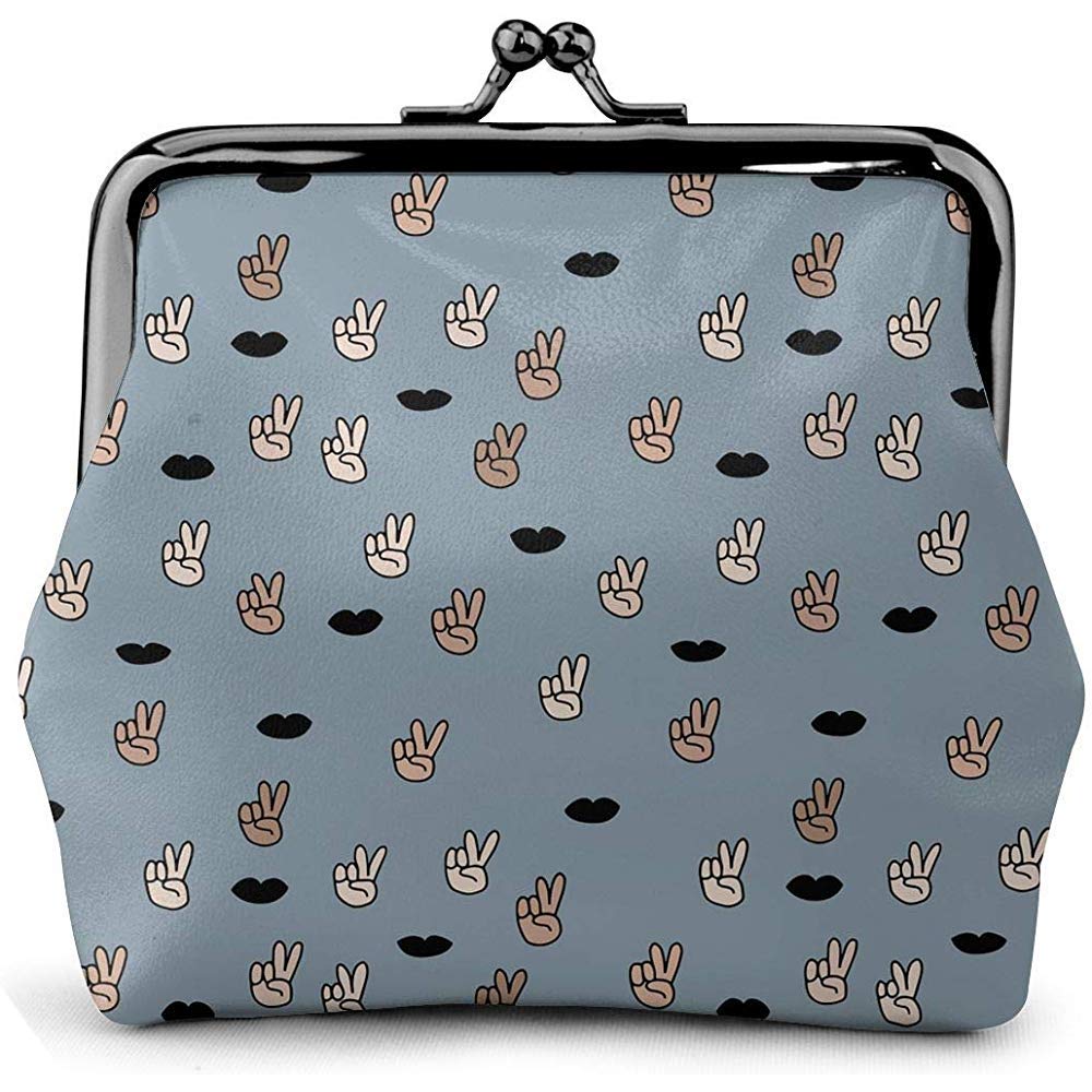 Blue Cute Victory Sign V Lips Vintage Pouch Girl Kiss-Lock Change Purse Wallets Buckle Leather Coin Purses