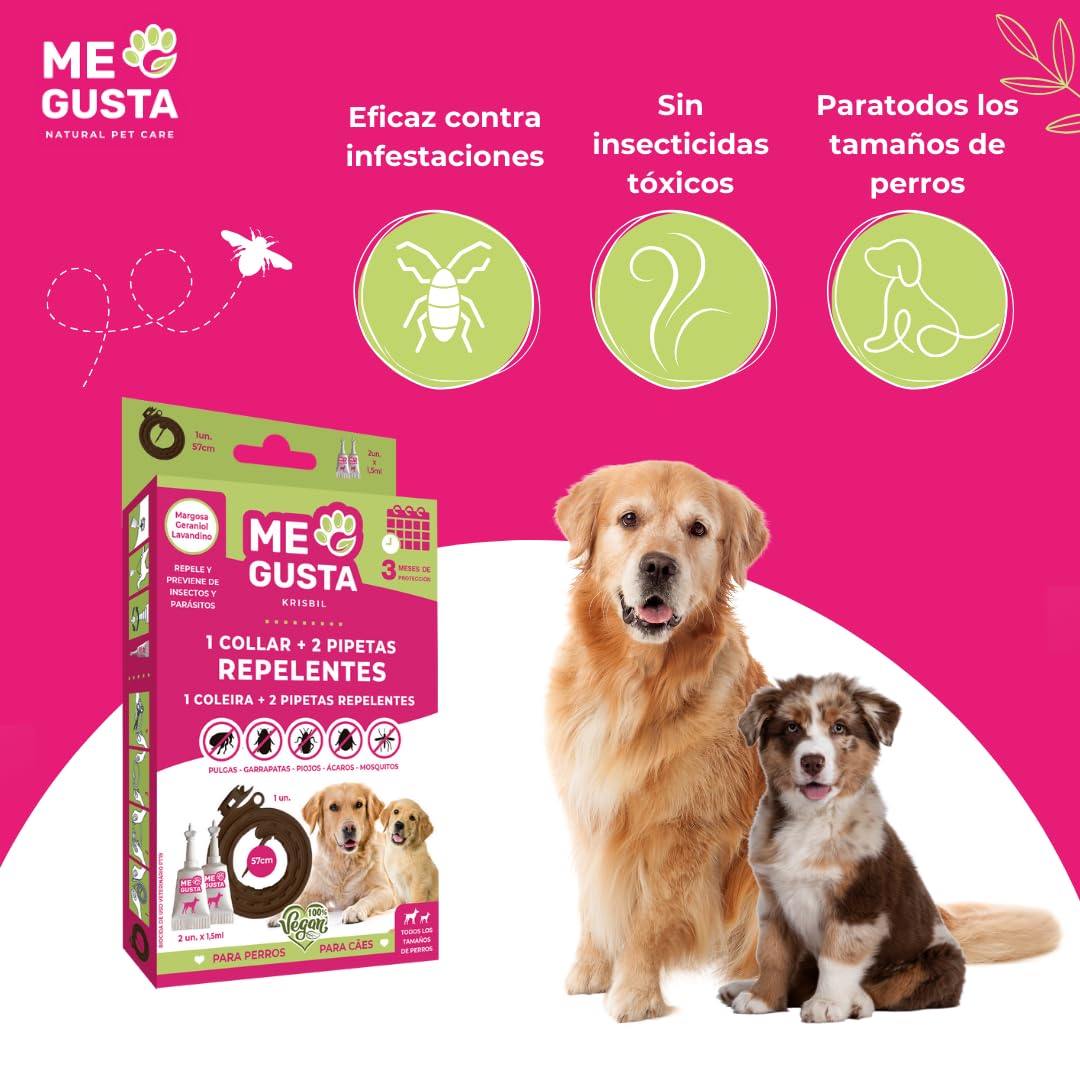 ME GUSTA Strip de 8 Packs de Collar y Pipetas Repelentes para Perros | Incluye 1 collar y 2 pipetas | Repele todo tipo de Insectos