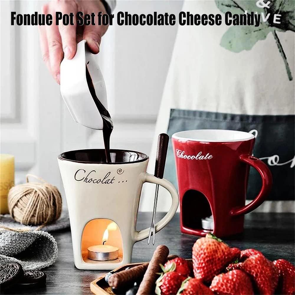 Fondue Pot Set for Chocolate Cheese Candy,Mini Ceramic Fondue Mugs,Chocolate Fondue Mug Set with Forks,Chocolate Melting Mugs,Melt Hot Pot Mugs Set for Butter Caramel (Brown)