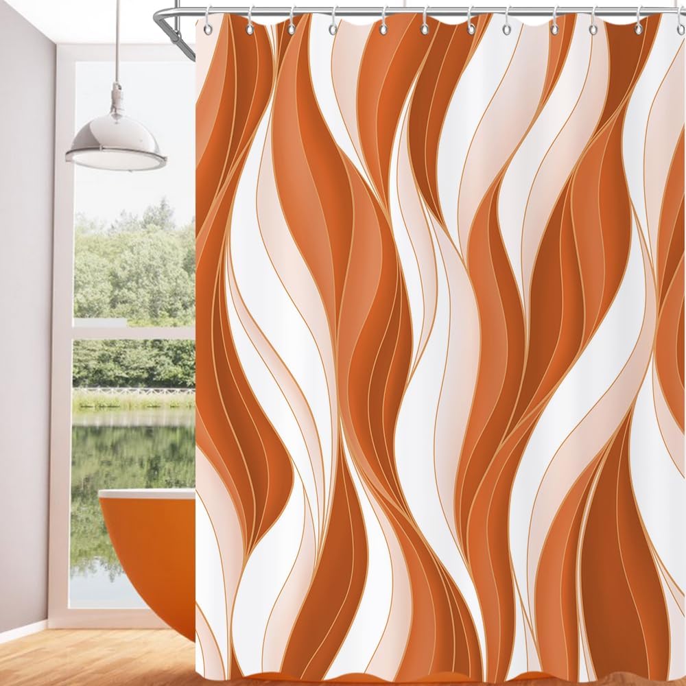 Orange Shower Curtain, Modern Abstract Burnt Orange Ombre Striped Minimalist Art Bathroom Curtain Waterproof Fabric Machine Washable with Hooks, 72" Wx84 L