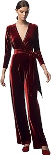 Chic Red Velvet Wide Leg Jumpsuit, Long Sleeves, Self-Tie Belt | Customi...