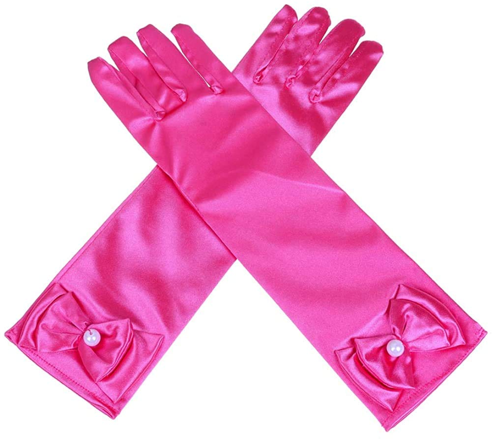 FancyDressWale Girls Satin Long Gloves for Princess Dress Up Party With Bows