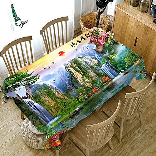 Amazon｜中華風3Dダイニングテーブルカバー、滝、山風景模様洗える