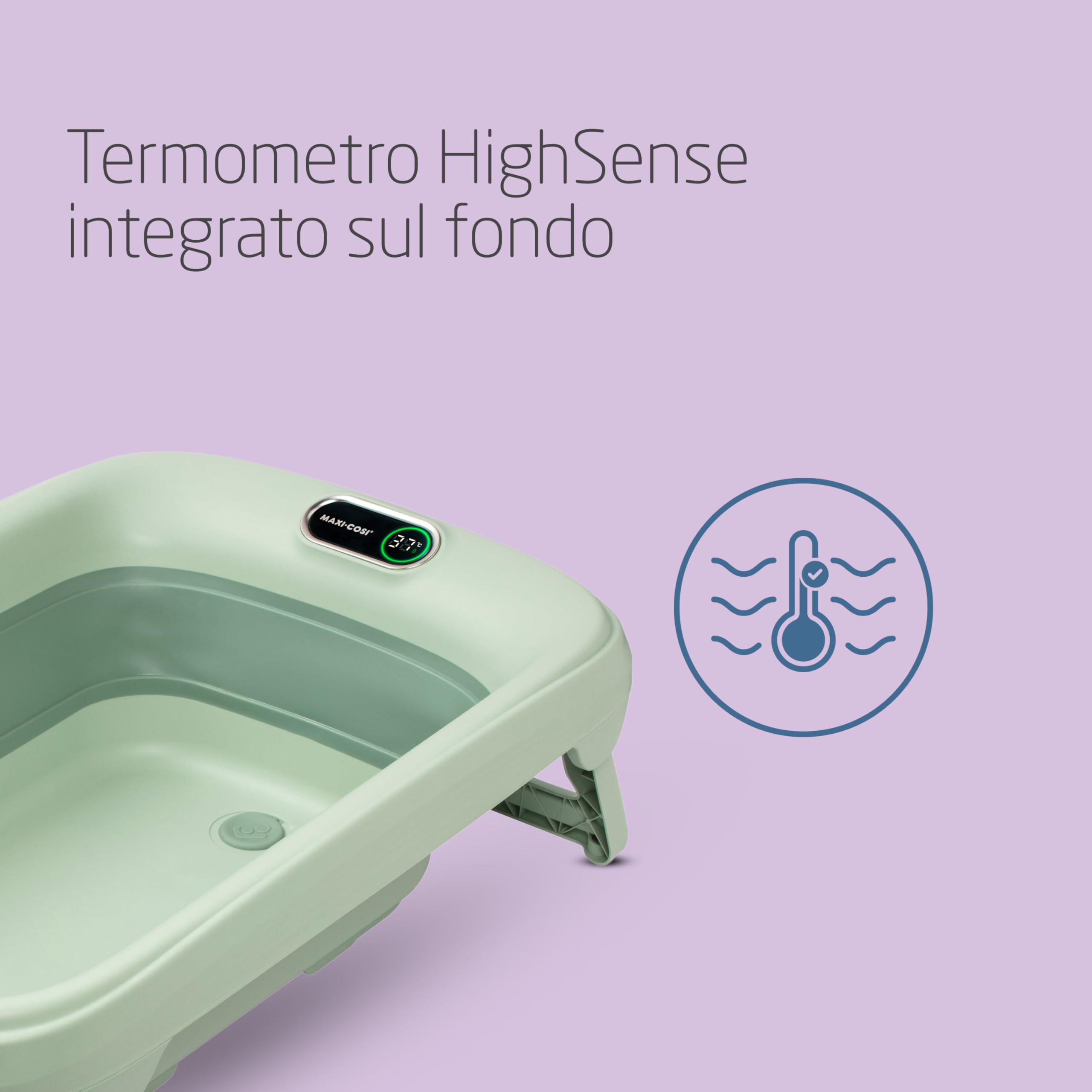 Maxi-Cosi Indigo Vaschetta Bagnetto Neonato Pieghevole, Bagnetto Bambini 0-4 Anni, Termometro HighSense Integrato, Anti-scivolo, Vaschetta Bagnetto Neonato da Viaggio, Chiusura Compatta, Sage Green