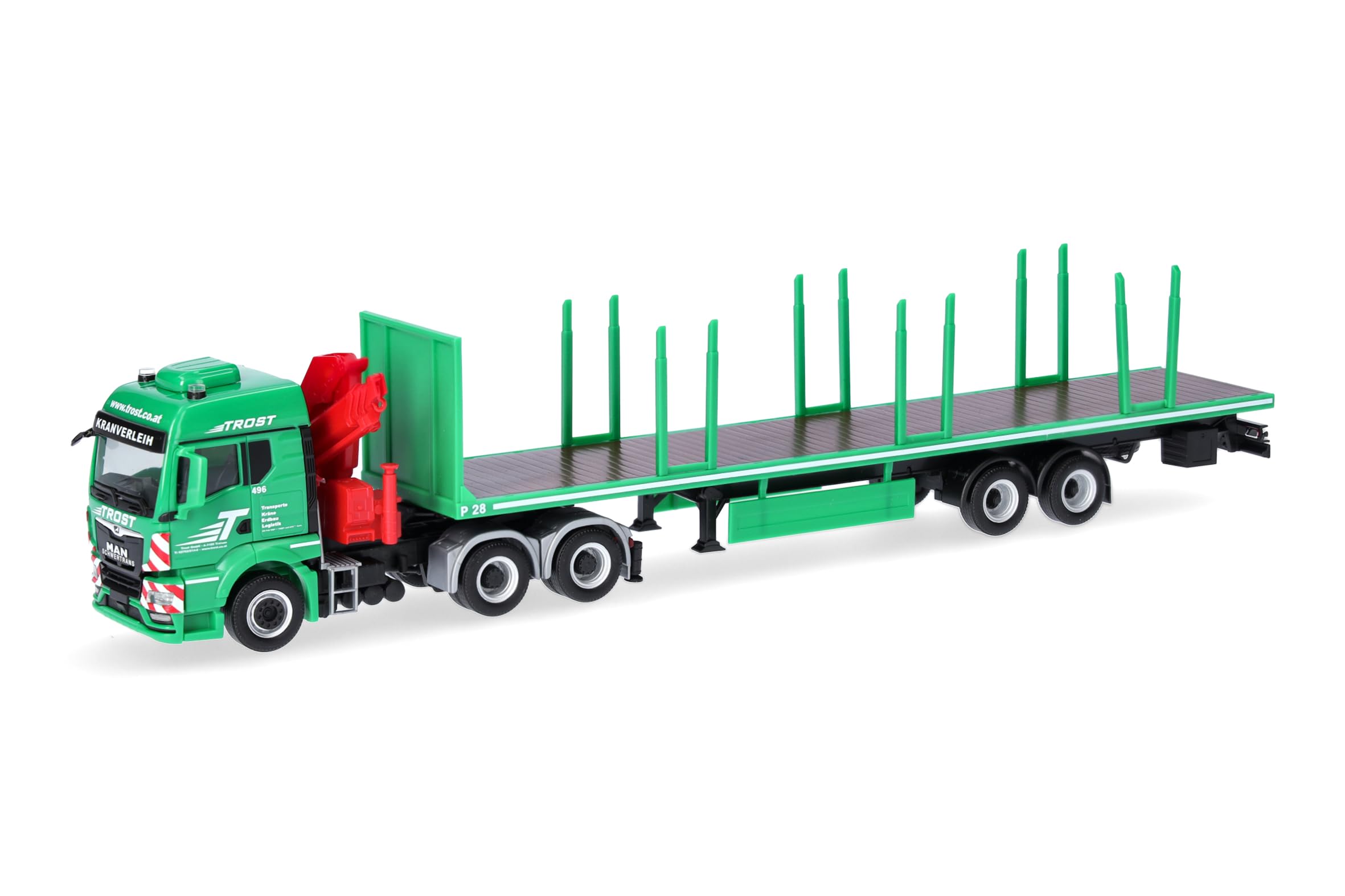 Herpa model ciężarówki MAN TGS TM zestaw z naczepą kłonicową „Trost” (Austria), miniatura w skali 1:87, model kolekcjonerski, Made in Germany, tworzywo sztuczne