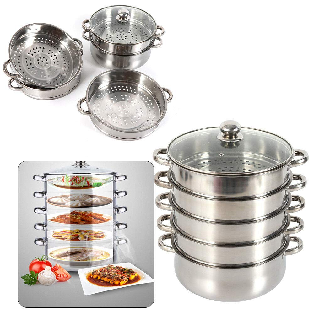 5 Tier Kochtopf Dämpfer Küche Dampf mit Glasdeckel, Edelstahl Topf Dämpfeinsatz Kartoffeldämpfer Gardampfkochtopf, Dampfkocher für Gas Elektro- und Vollkochplatten (30cm)