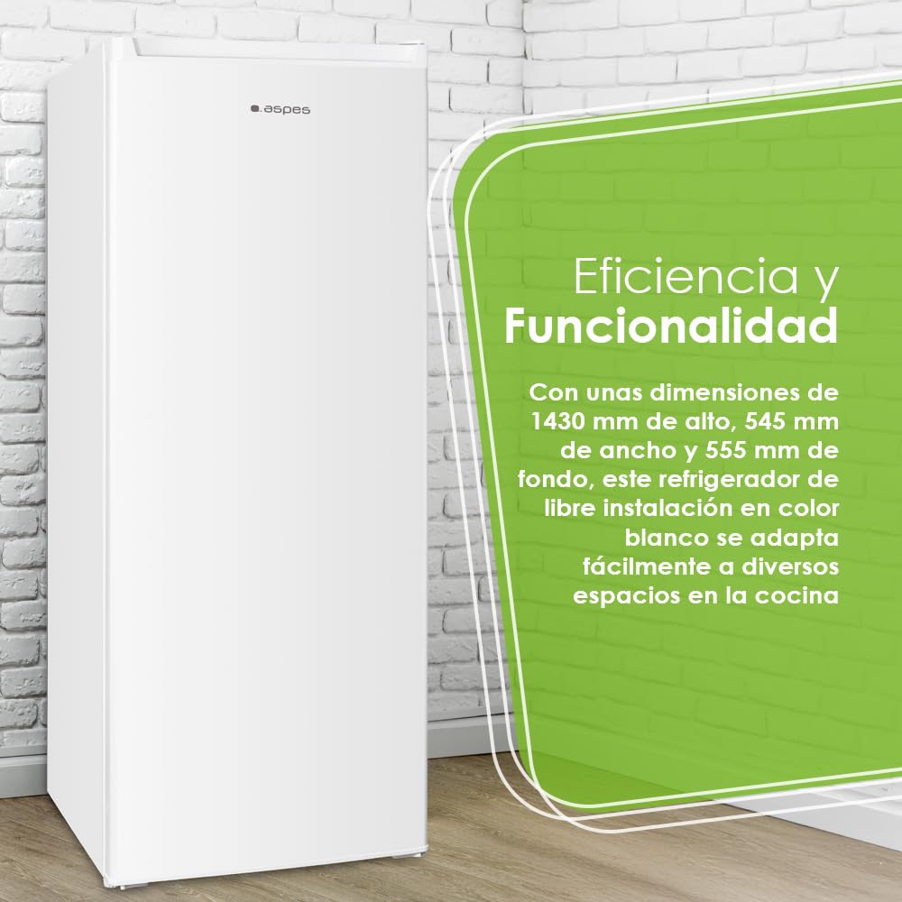 Aspes Frigorífico Refrigerador Blanco AR145501E. Capacidad 242 Litros, Puerta Reversible, Bajo Nivel Sonoro, Eficiencia Energética Clase E