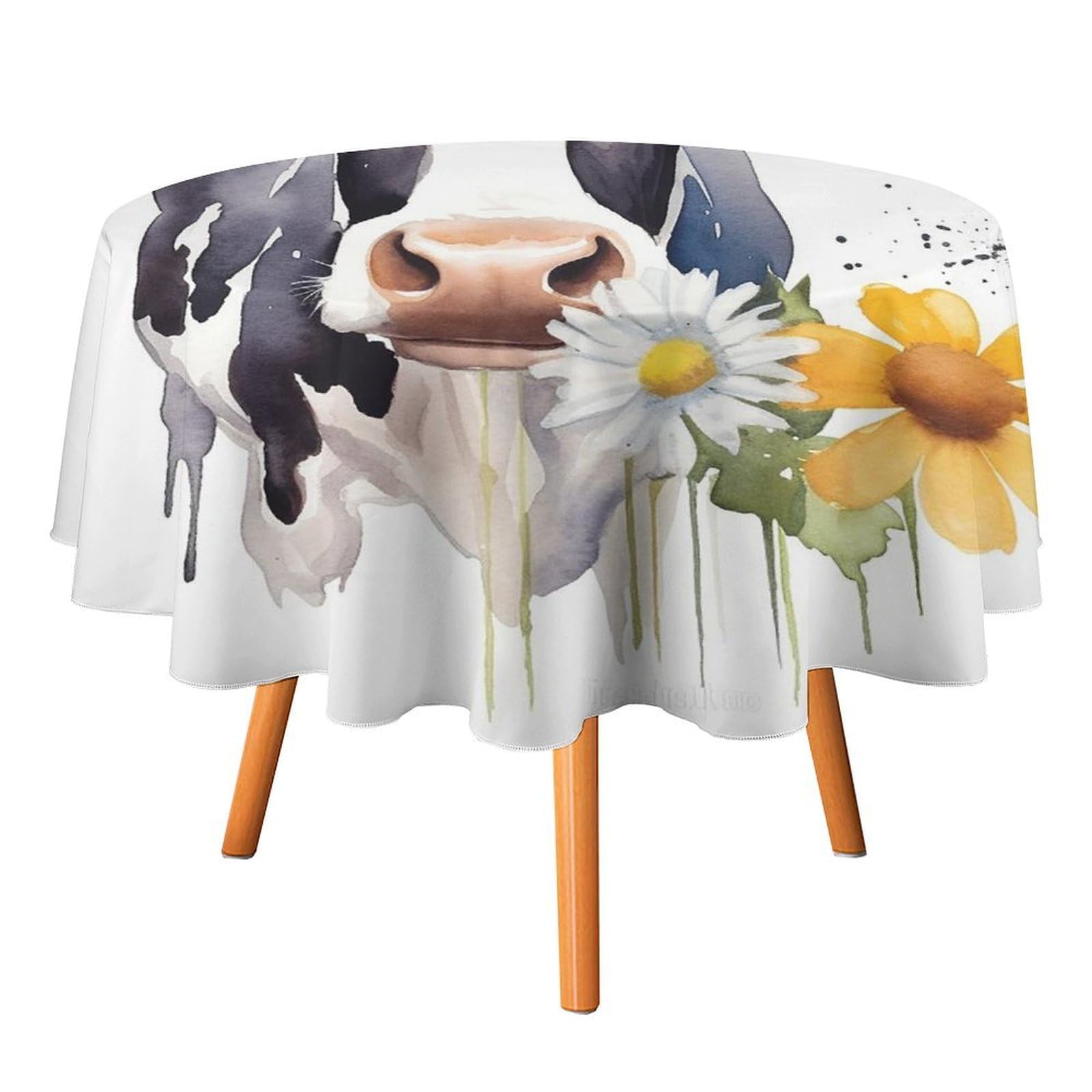 SMAZDFXX Watercolor Cow Tablecloth for Restaurant, Round Polyester Table Cover 60x60in for Party