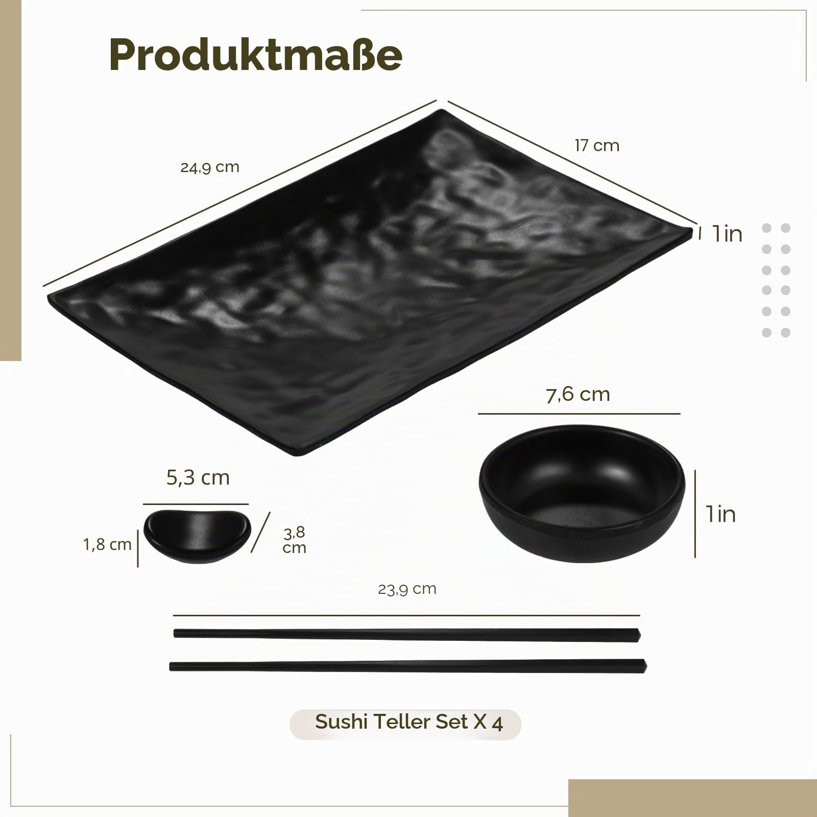 16 PCS Sushi-Teller-Set für vier Personen, 4-Teller im japanischen Stil, 4 Sojasaucen-Schalen, 4 Paar Essstäbchen, 4 Essstäbchen-Halter -Geschirr-Set