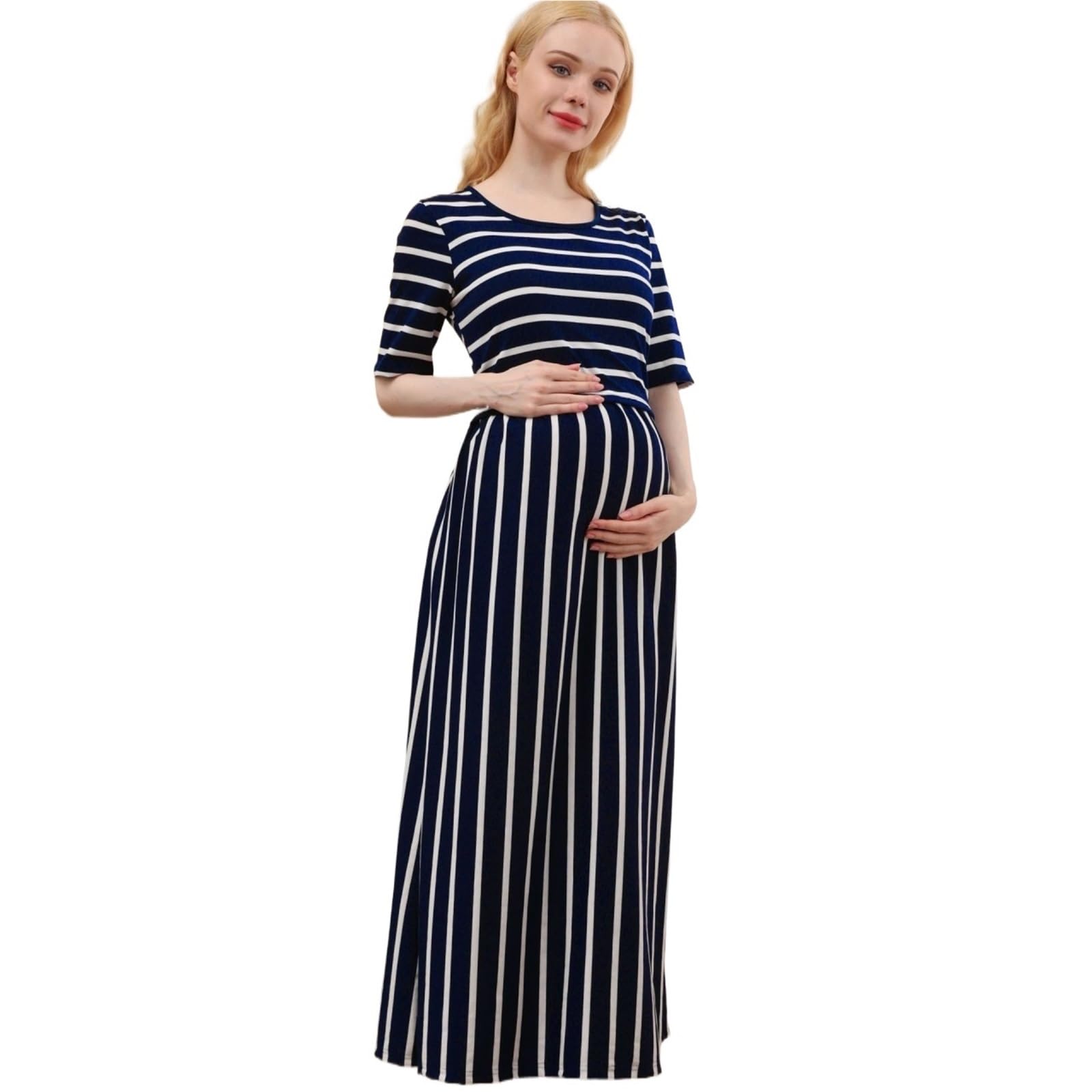 AMEEDA Maternity Clothes Maternity Dress Striped Round Neck Nursing Long Breastfeeding(XS)