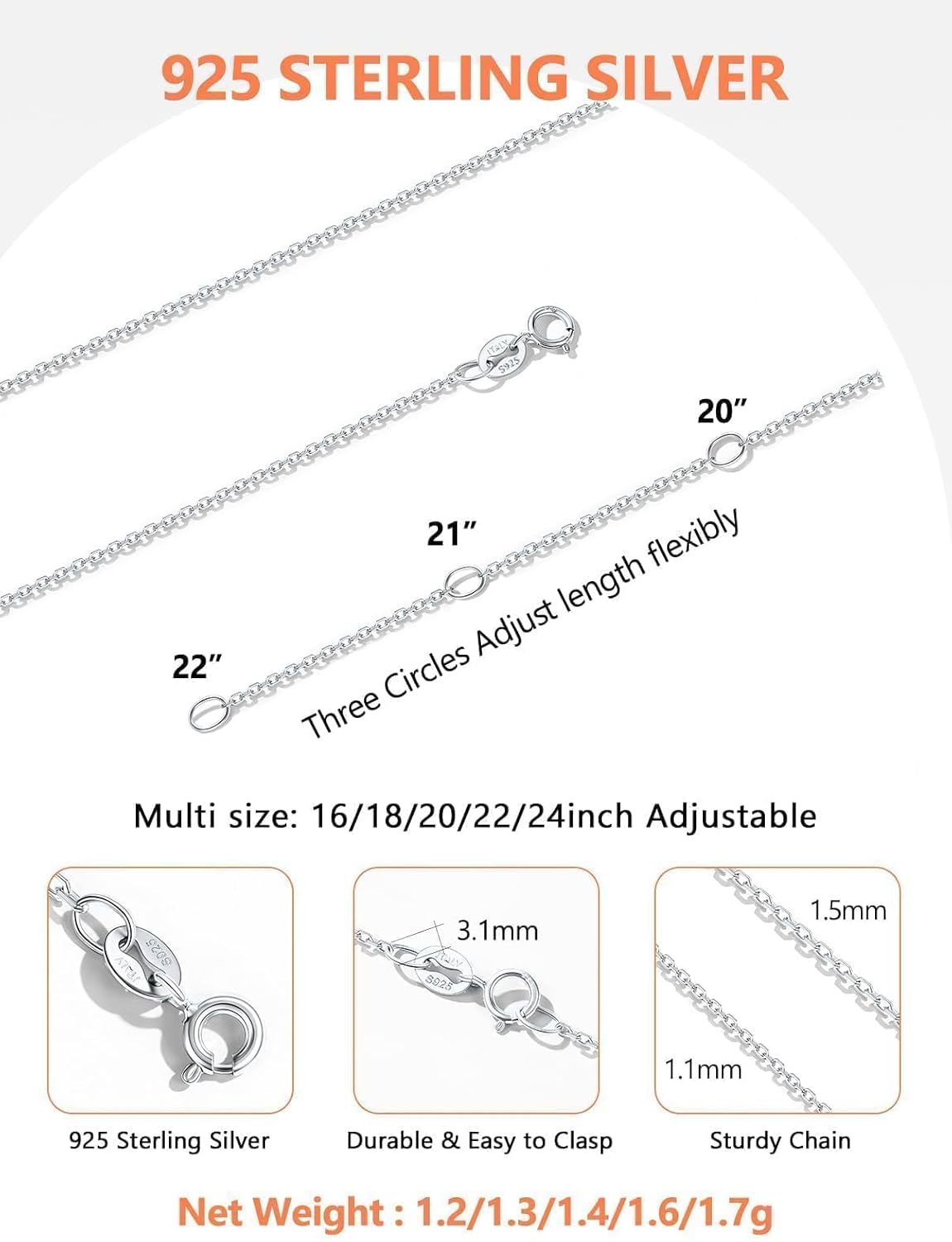 Silvora 925 Sterling Silver Chain Necklace 1.1/1.5mm Thin Silver Chain for Women-Sturdy & Shiny-Women's Chain Necklaces,Adjustable Length 16/18/20/22/24 Inches - Image 7