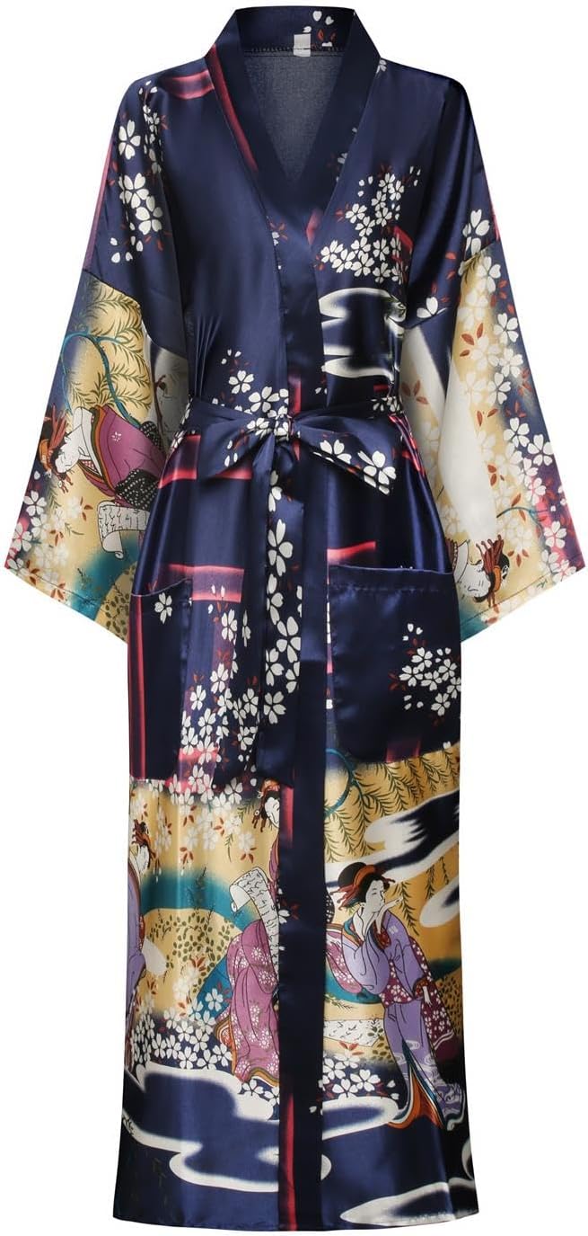 DandyChic Women's Long Floral Satin Robes Imitation Silk Sleepwear Bridal Dressing Gown for Bridesmaid Nightgown