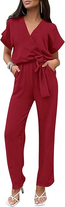 PRETTYGARDEN Women's Summer One Piece Jumpsuits Belted Short Sleeve Wrap V Neck Fashion Dressy Casual Wide Leg Pants Romper