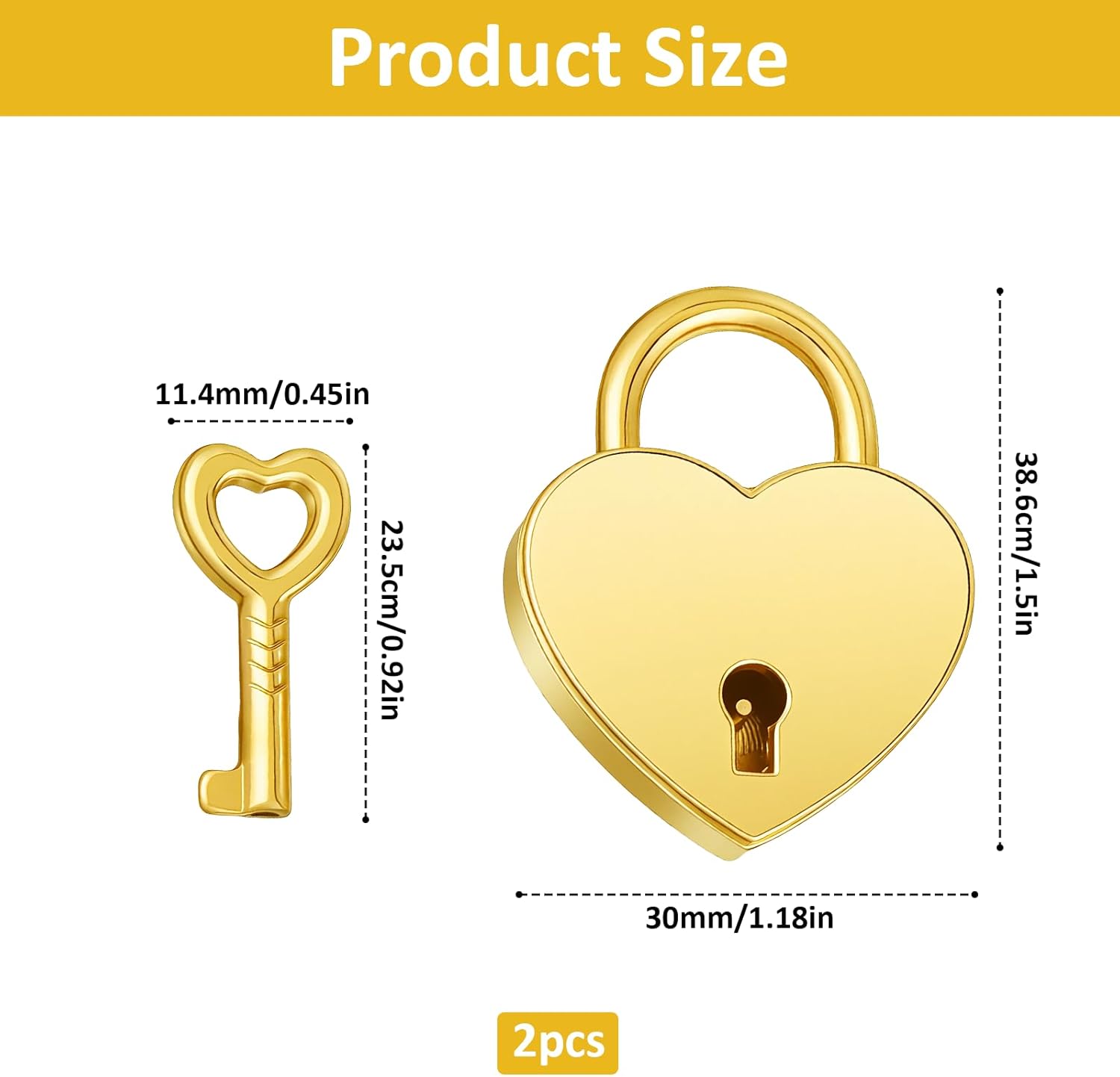 2 Pack Small Metal Heart Shaped Padlock, Notebook Heart Locks Small Gold Padlock with Keys Metal Decorative Locks, Gold Smalls Metals Lock for Jewelry Box Storage Box Diary Mini Bags