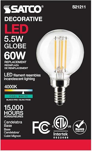 Miniatura 5 de Satco Bombilla LED E12 de 5.5 W, 4000 K, clasificación de 15000 horas, regulable, transparente, cantidad de caja (24)