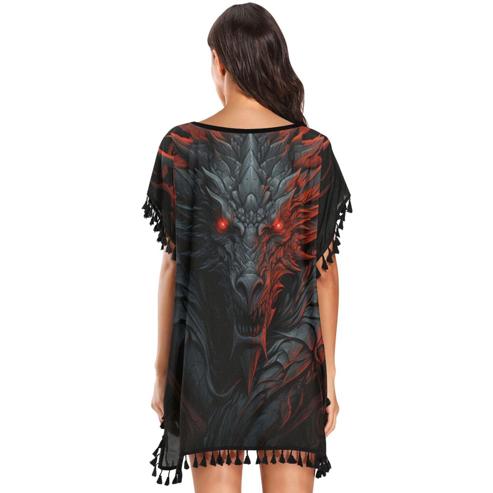 Red Dragon Scary Art Women's Beach Cover Up Chiffon Tassel Swimwear Swimsuit Coverups for Girl