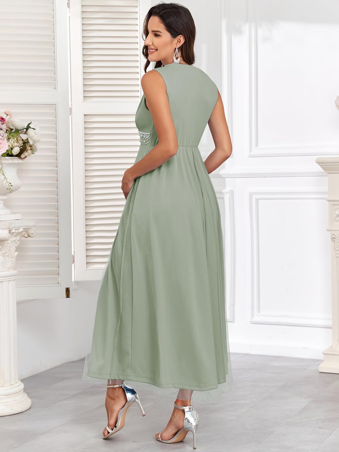 Maternity Mesh Dress V Neck Sleeveless A Line Maxi Pregnancy Formal Dresses with Pearl Beading Baby Shower Photoshoot - Image 2