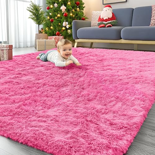 OLANLY 6x9 Machine Washable Large Area Rugs for Living Room, Bedroom, Soft Fluffy Shaggy Bedside Rug, Indoor Floor Carpet for Kids Girls and Boys, Dorms, Nursery, Home Decor Aesthetic, Hot Pink