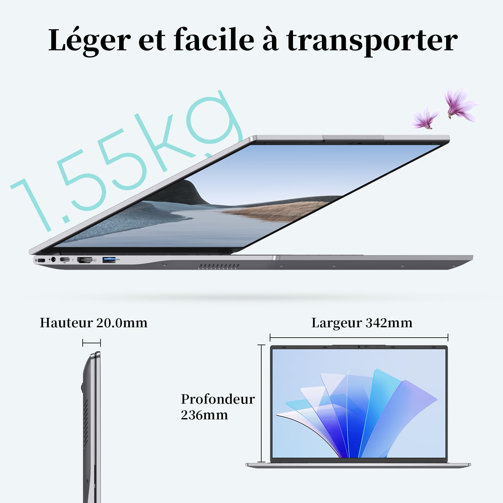 Ordinateur Portable 15,3" Core i5 (Jusqu'à 3,6 GHz),24 Go RAM 512 Go SSD, PC Portable, Écran 1920x1200 100% sRGB avec HDMI et USB-A, Autonomie Prolongée