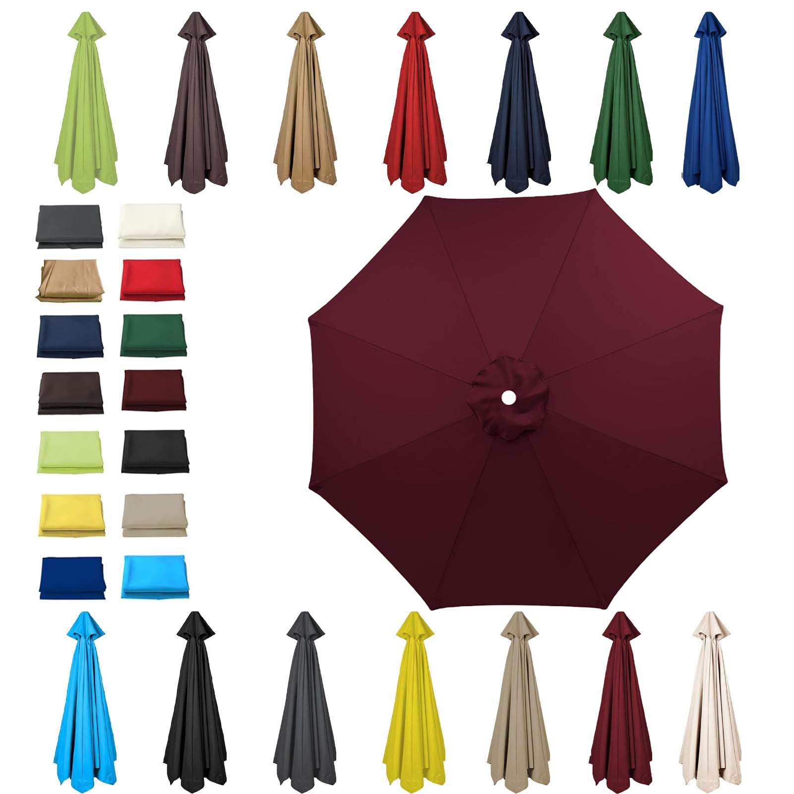 HonunGron 6 Ribs/8 Ribs Replacement Parasol Cover, 3.0m/2.7m/2.5m/2.3m/2m Umbrella Canopy Replacement, Sun Umbrella Replacement Cloth, UV 50+ Garden Parasol Canopy Cover (8 ribs-2.7m(8.8ft),Wine Red)