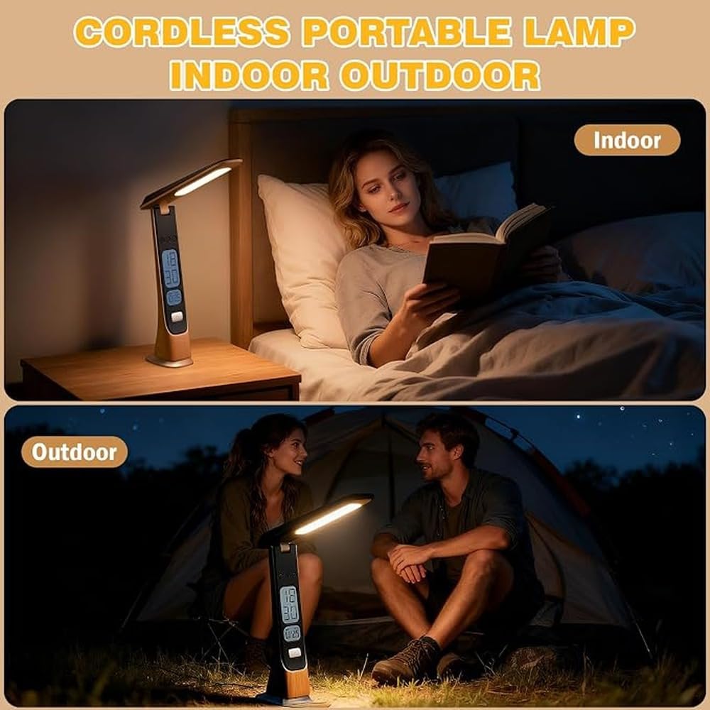 Lampe de bureau à piles avec horloge intégrée, lampe pliable Go