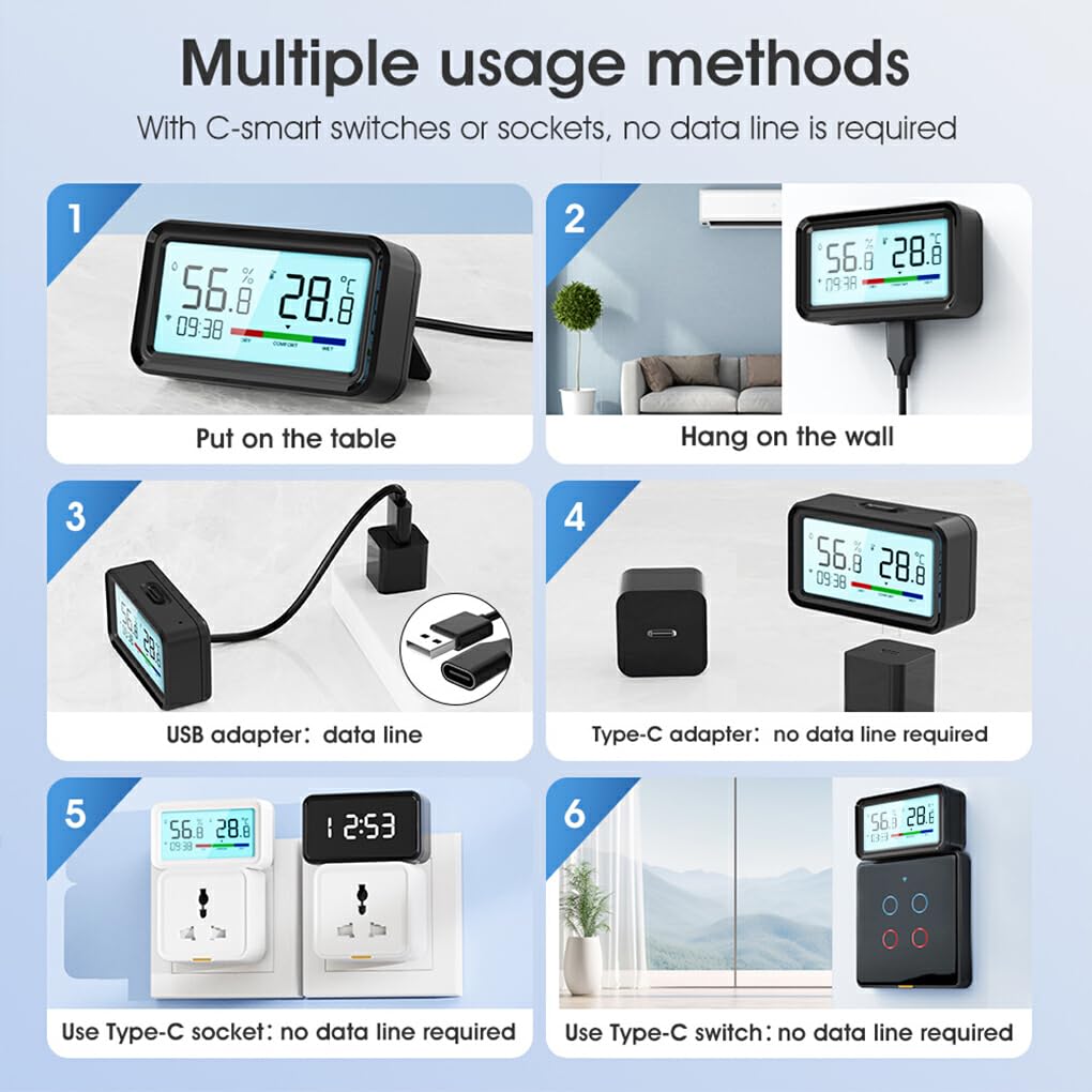 Desktop Pulito con sensore di umidità di Temperatura WiFi Serie C-Smart Che monitora Il termometro di Temperatura e umidità, Wi-Fi Bianco