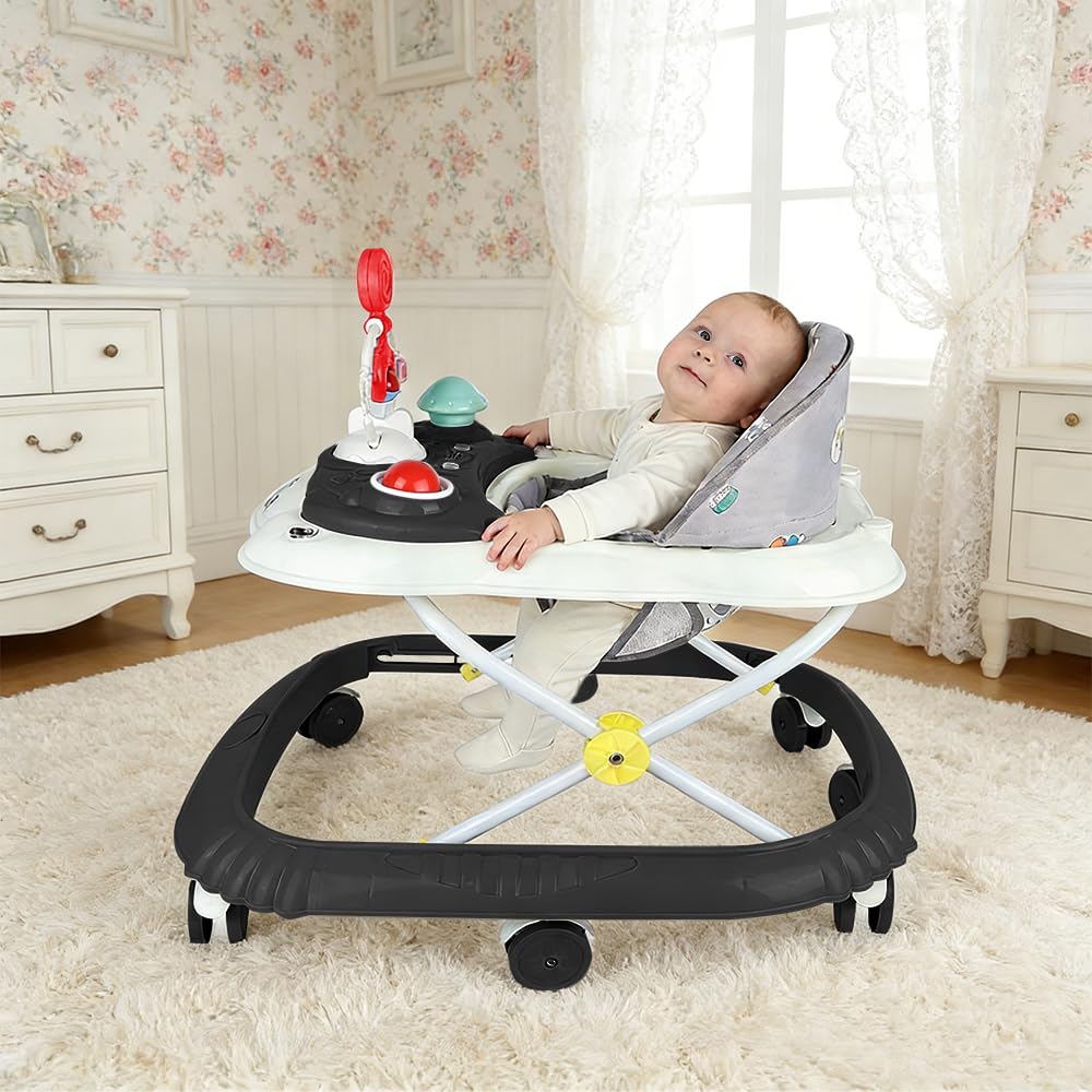 Girello 4 in 1, girello pieghevole per bambini con vassoio di gioco interattivo con suoni, base anti-ribaltamento, deambulatore ruote in silicone e 4 posizioni di altezza, da 6 a 18 mesi (nero-67 x 72 - 3