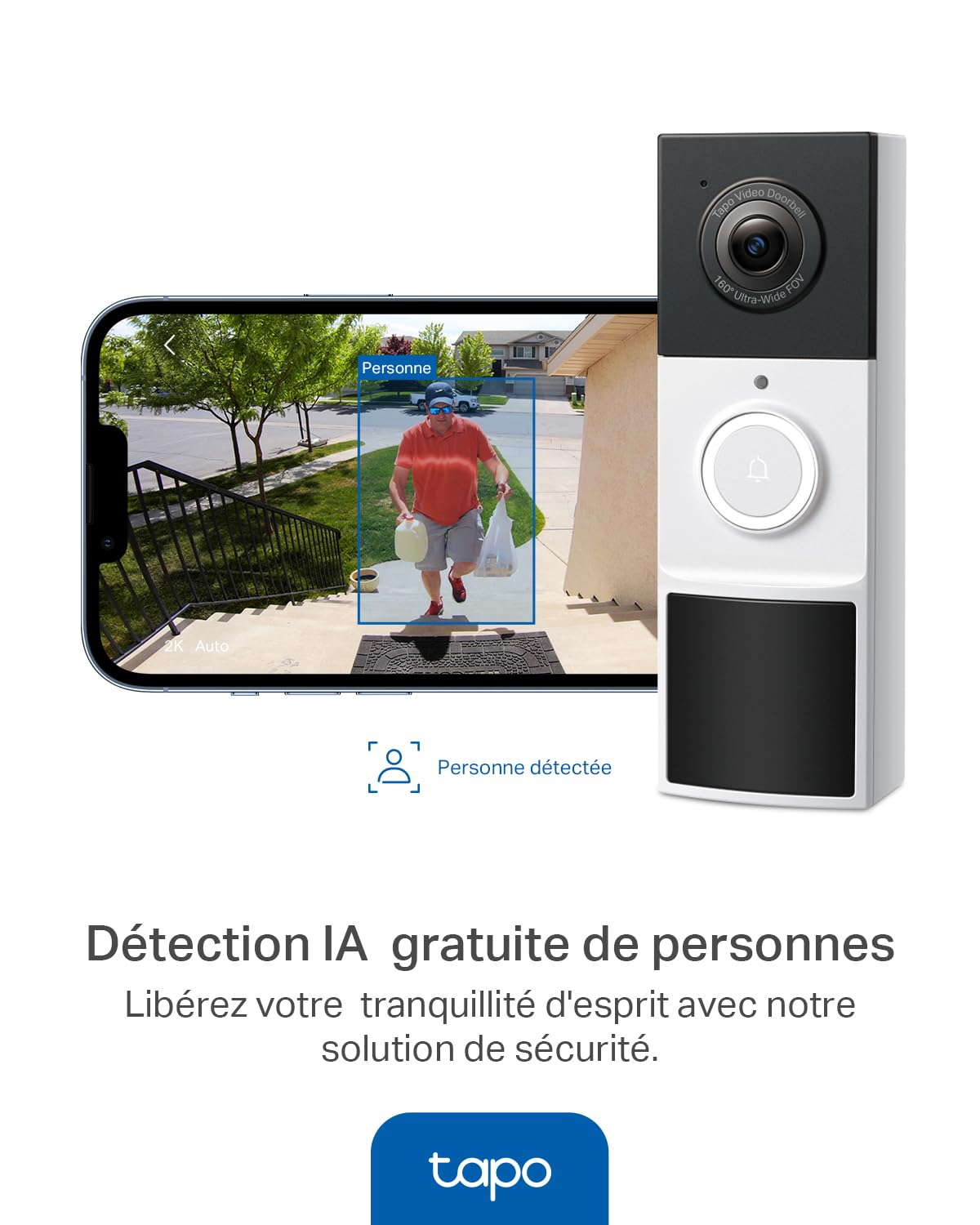 Tapo D210 Sonnette sans Fil avec caméra Exterieur 2K 3MP, IP65 étanche, Ultra Grand Angle 160°, Vision Nocturne en Couleur, Détection Humaine AI Gratuite, Audio Bidirectionnel, Installation Facile