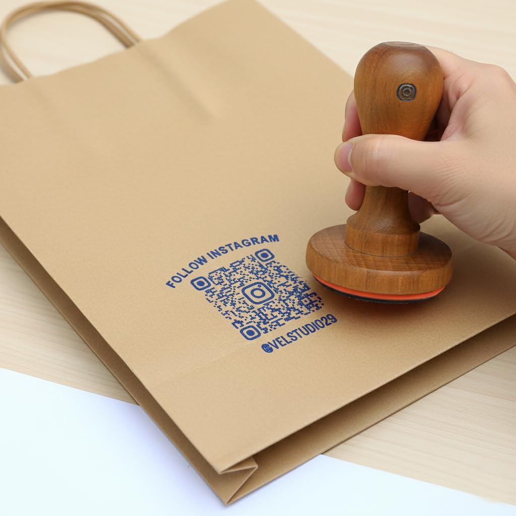 Custom QR Code Wooden Rubber Stamp with Insta Website QR – Reusable Stamp for Business Branding | VEL Studio