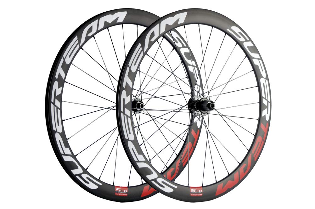 SUPERTEAM Carbon Disc Wheelset 50C-25 700c Clincher Center Lock Thru Axle (Red and White, Center Lock)