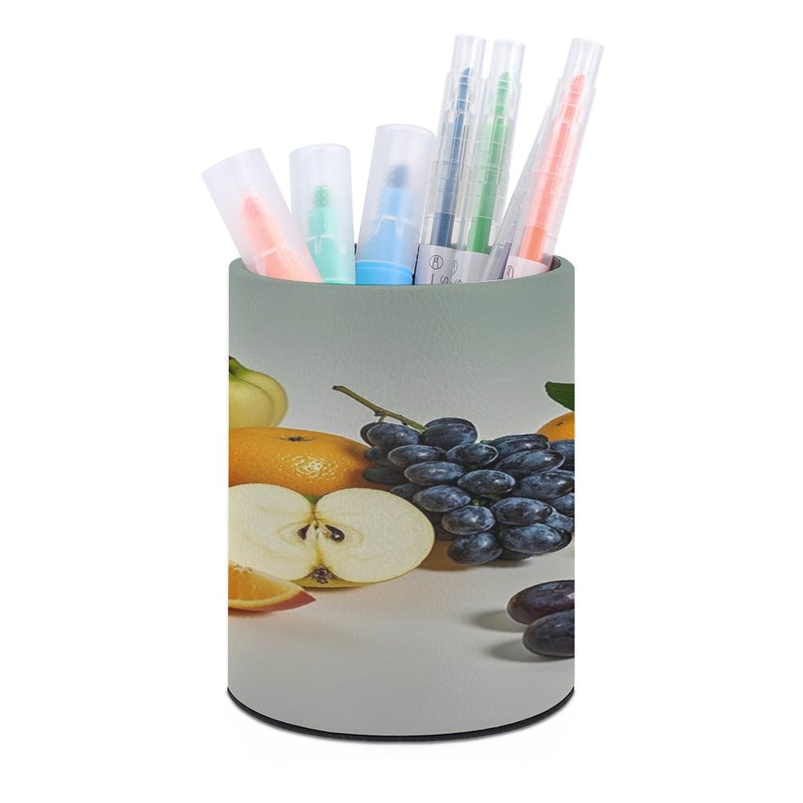 FekiLoot Round Fruits Pen Holder for Desk PU Leather Waterproof Pencil Cup Stand Minimalist Makeup Brush Storage Organizer Desktop Stationery Container Accessorires