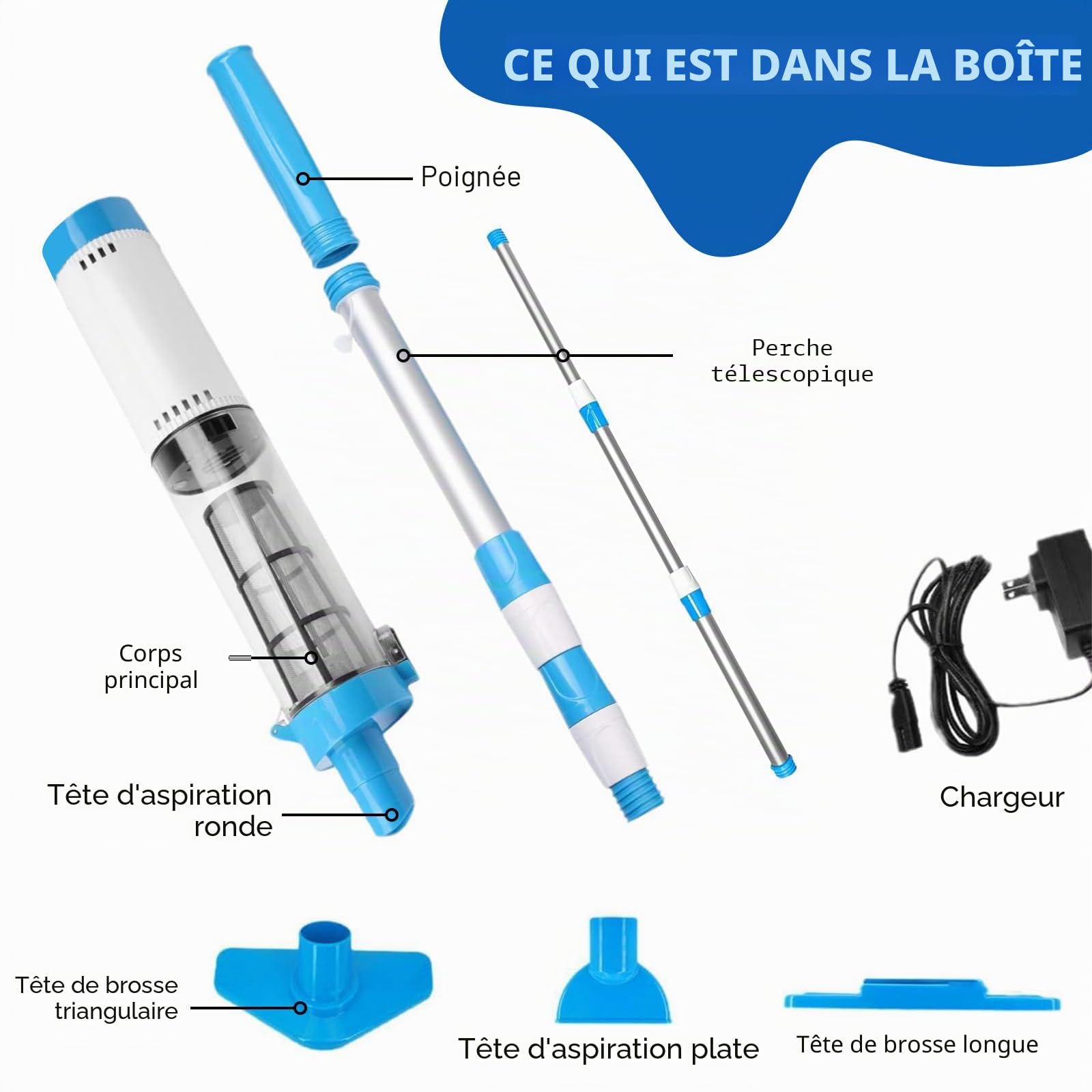 Aspirateur de Piscine sans Fil avec Batterie et Perche télescopique | Aspirateur manuel, Aspirateur de fond, Autonomie jusqu'à 90 min, Avec filtre