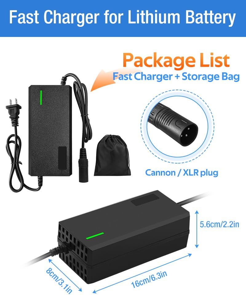 54.6V 3A / 5A Super Fast Charger for 48V Lithium Battery,No Adapter,7 Types of Plugs to Choose from, More Secure.Compatible with Most Plugs. with Cooling System (Cannon/XLR plug-3A)
