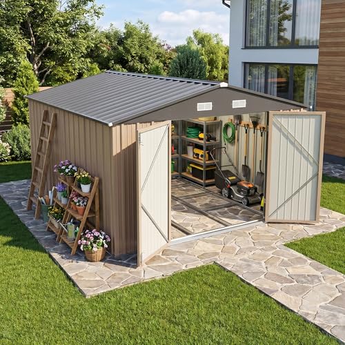 Image of Devoko 10x12 FT Outdoor Storage Shed with Galvanized Steel Floor Base, Metal Tool Shed with Slooping Roof for Garden Backyard Patio(Brown)