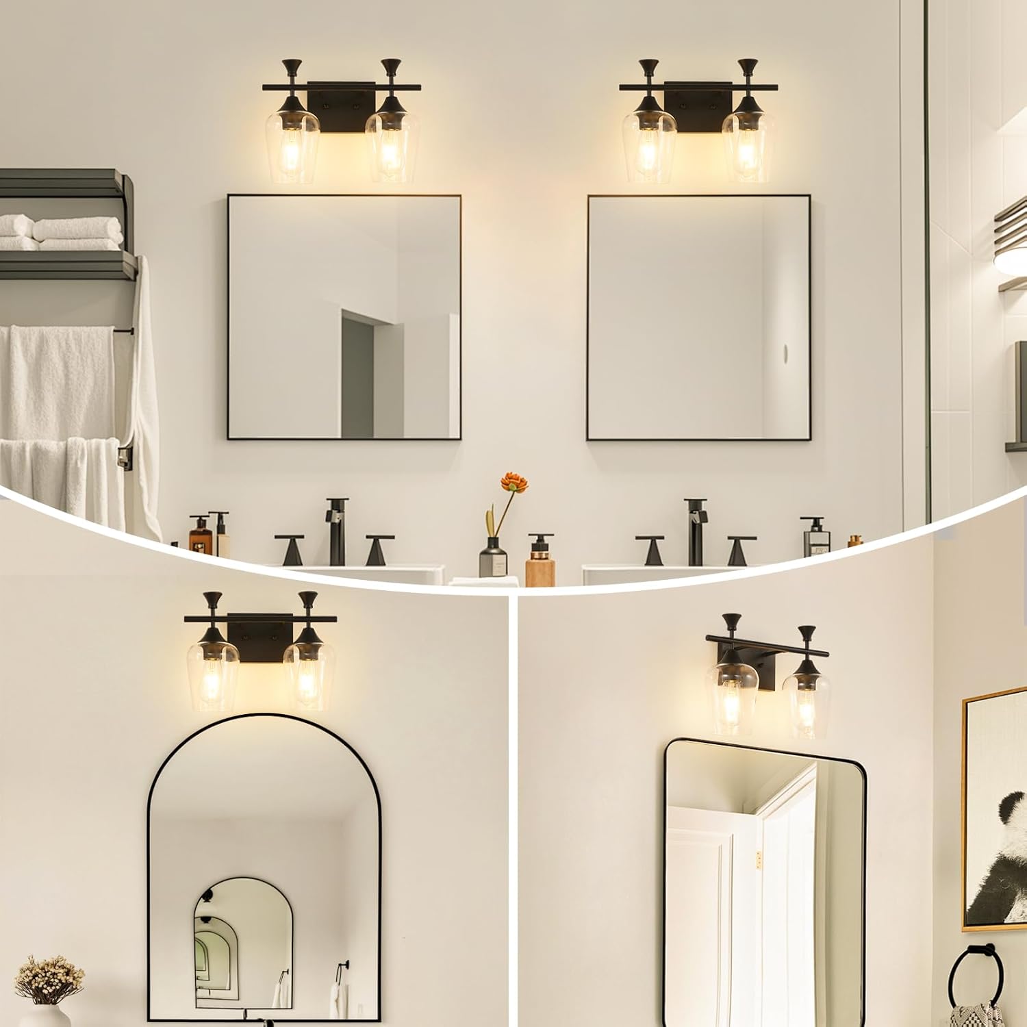 Bathroom Light Fixtures (2-Light, 14 Inch), Matte Black Vanity Lights for Bathroom with Clear Wine Glass Glass Shade, Modern Vanity Wall Lights for Mirror Bedroom Living Room Kitchen Hallway Porch