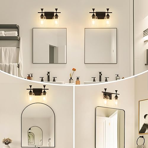 Miniatura 5 de Lámparas de baño (2 luces, 14 pulgadas), luces de tocador negras mate para baño con pantalla de vidrio de vino transparente, modernas luces de pared