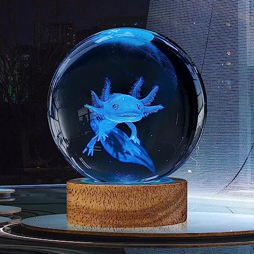 Image of 3D Axolotl Crystal Ball Night Light with Woodern Base,16 Colors with Remote Control Cool Desk Decor Gifts for Kids Friends (Axolotl-b)
