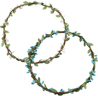 2 Pack Hair Vine Headband Handmade Berry and Foliage Wreath Bohemian Flower Leaf Crown, Blue and White