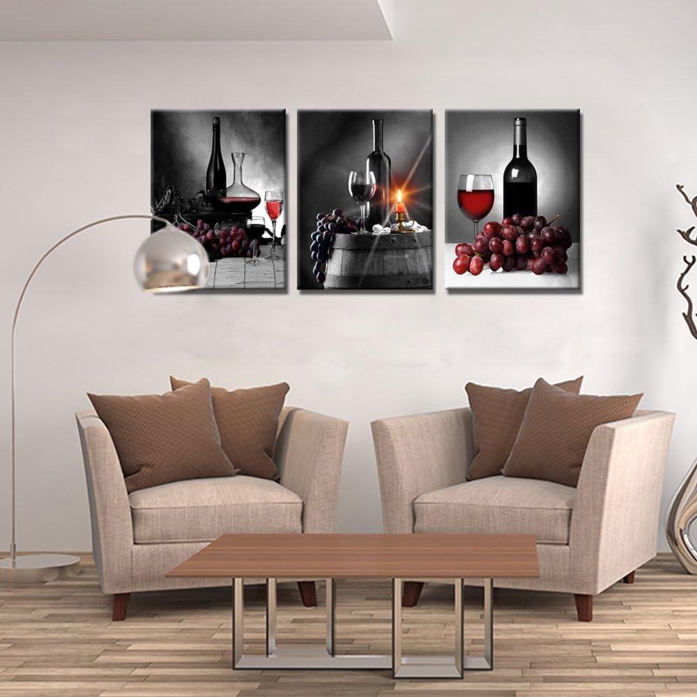 S-ANT Canvas Wall Art Red Wine Green Grape Wine Cups Bottles HD Modern Abstract Giclee Canvas Prints Artwork for Kitchen Home (Black)
