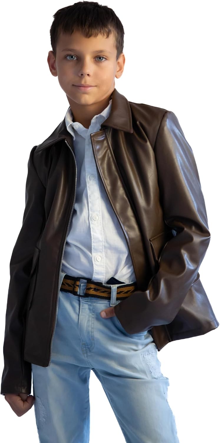 ComfyCamper Kids Teens Faux Leather Jacket Costume Brown – Jungle Explorer Archeologist Lightweight Bomber Racer
