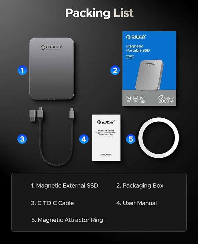 SSD extern ORICO K5Plus 480GB, unitate solid-state portabilă pentru PC și laptop