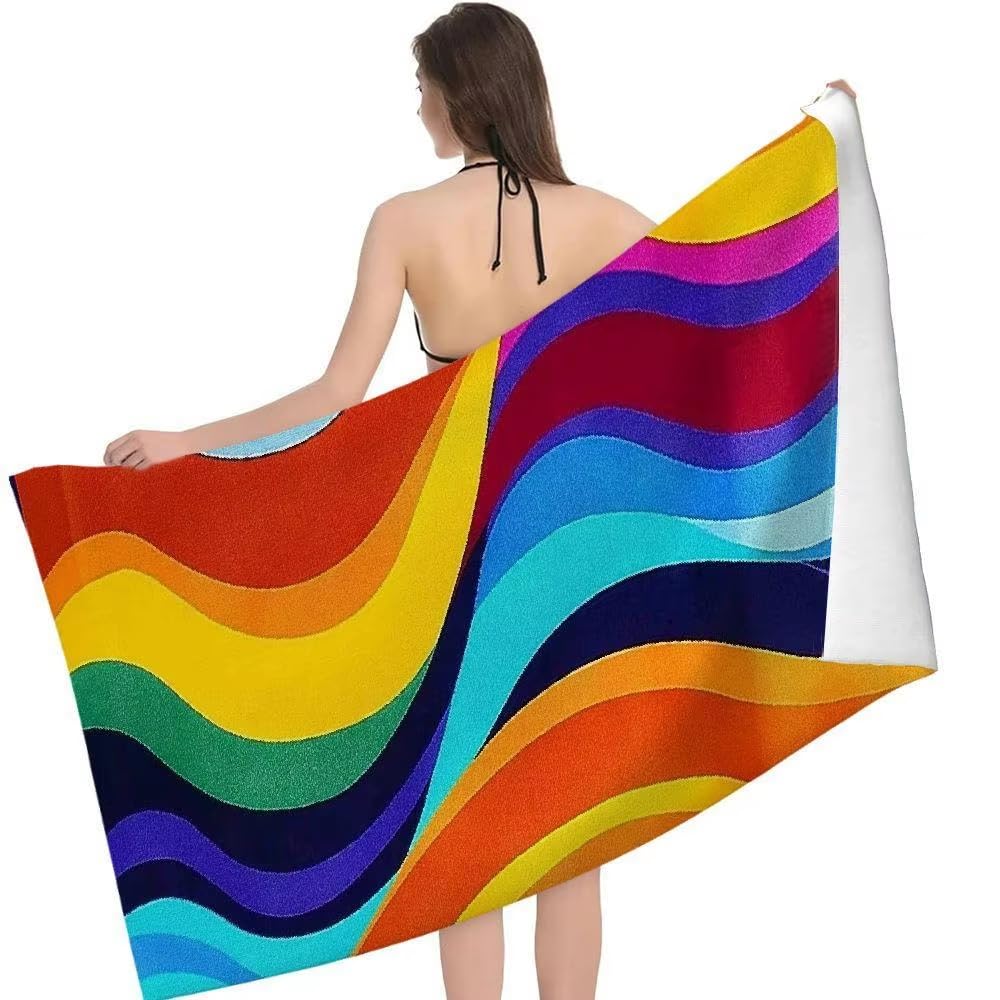 Toalla de Playa de Secado rápido, ultraabsorbente, con diseño de Ondas Modernas para Adultos, Ideal para Nadar, Practicar Deportes y Playa 140x200cm/55 x79