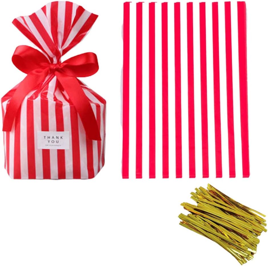 Tim&Lin Pink Stripe Clear Cello Candy Favor Bags,Cellophane Cookie Treat Plastic Bags,With Gold Twist Ties, Pack of 50