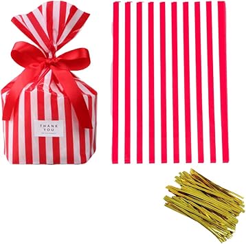 Tim&Lin Red Stripe Clear Cello Candy Favor Bags,Cellophane Cookie Treat Plastic Bags,With Gold Twist Ties, Pack of 50