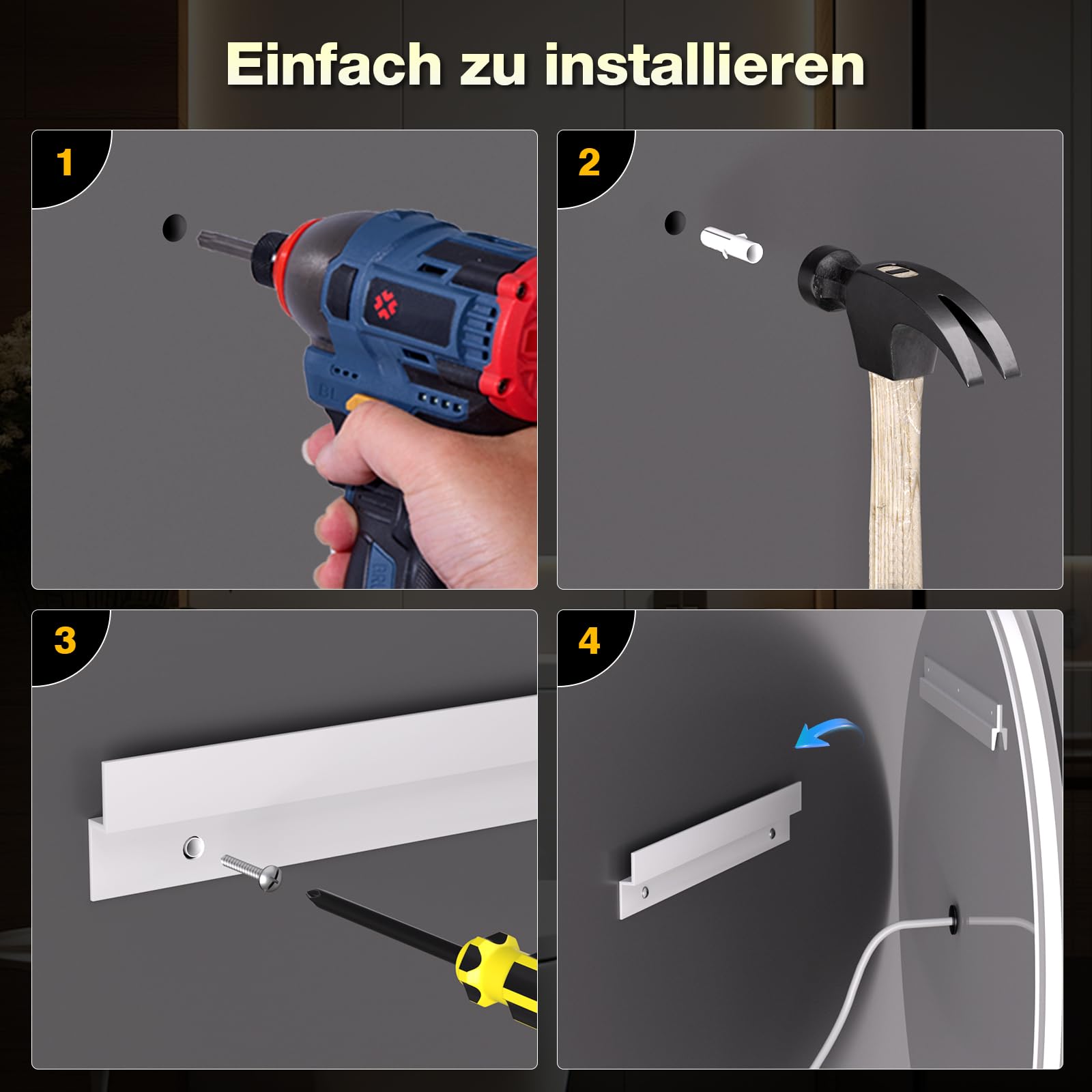 Badezimmerspiegel mit Beleuchtung, 60 cm Runder Badspiegel mit Beleuchtung, 3 Lichtfarben, Dimmbar, Touch-Schalter, Speicherfunktion, Energiesparend, LED Spiegel Bad Wandspiegel mit Licht