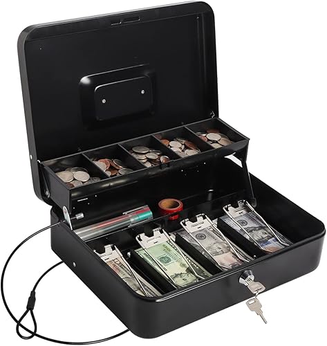 Caja de dinero con bandeja de dinero y cerradura, caja de dinero grande para efectivo, 5 compartimentos, 4 con resorte, caja fuerte con cable de